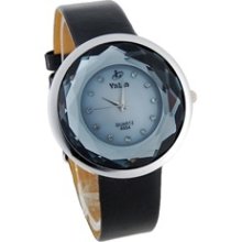 VaLia 6354 Round Crystal Dial Slim PU Leather Band Women's Wrist Quartz Watch (B