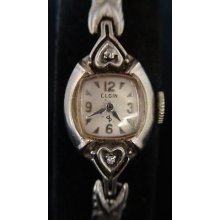 Very Old Elgin Swiss Vtg 10k Gold Fill Diamonds Hearts Ladies Watch Works