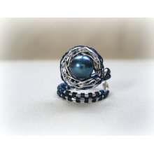 Viking Stitch Pearl Adjustable Ring - Blue Freshwater Cultured Pearl