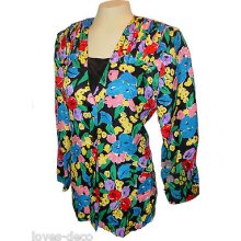 Vintage 2-pc Blazer Top & Mock-tee, St. Gilligan, 100%-silk Bright-floral, 12