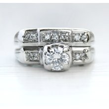 Vintage Art Deco Round Brilliant Diamond Engagement Ring Set 14kt White Gold