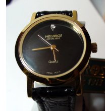 Vintage Diamond HELBROS Invincible Quartz Watch for Women New Batt. Black Gen Leather