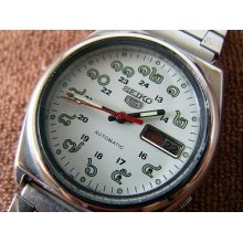 Vintage Seiko 5 White Military Style 7009-876a Thai No. Hr. Marker Men Watch