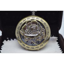 Vintage Steampunk Retro Hollow Peony Bronze Necklace Pendant Quartz Pocket Watch