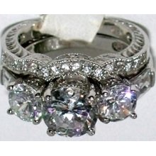 Vintage Style 3 Stone Cz Wedding Engagement Ring Set