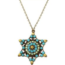 Vintage Style Michal Negrin Star Of David Pendant With Turquoise & Gold Crystals