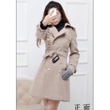 Vintage Women Trench Coat Parka Slim Wool Blend Warm Cashmere Jacket With Belt