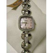 (w) Fossil Silver Pink Mop Dial Crystal Bracelet Watch Es3016