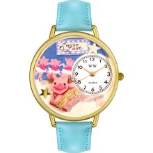 Whimsical Watches Unisex Dancing Pig Gold G0110014 Blue Leather Analog Quartz Watch with White Dial