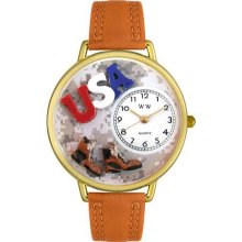 Whimsical Watches Unisex USA Military in Gold G1220036 Brown Leather Quartz Watch with White Dial