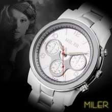 White Fashion Miler Brand Silver Tone Case Analog Women Lady Quartz Wrist Watch