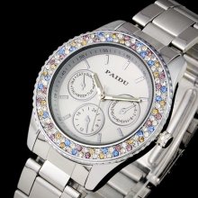 White Muticolor Diamond Crystal Dial Quartz Women Lady Wristwatch Luxury Fashion