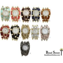 Wholesale Lot Of 6 Pcs Geneva Designer Spikes Leather Wrap Watches - 9687