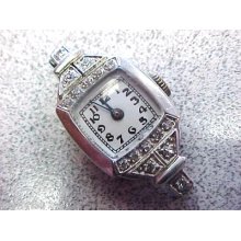 Woman's Platinum & Diamond Watch Head Art Deco Mechanical Needs Cord Band