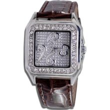 Women CZ Bezel Brown Leather Strap Silver Tone Quartz Watch ...