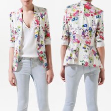 Women Floral Print Slim Fold Long Sleeve One Button Suit Jacket Blazer Coat