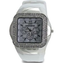 Women Square CZ Bezel Silver Chronograph White Rubber Strap Watch ...