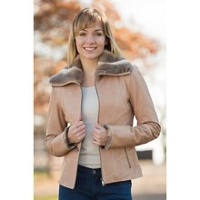 Women's Daria Lambskin Leather Jacket with Rabbit Fur Trim, BISCUIT, Size LARGE (10)