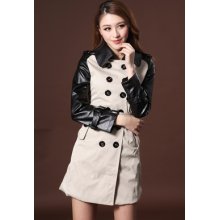 Womens Fashion Faux Leather Sleeve Double Breasted Trench Coat Jacket M-xxl