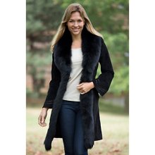 Women's Felicity Suede Coat with Fox Fur Trim, BLACK BLACK, Size LARGE (10-12)