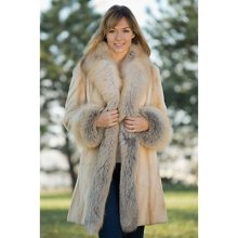 Women's Rosanna Sheared Mink Fur Coat with Fox Fur Trim, BEIGE, Size MEDIUM (10-12)