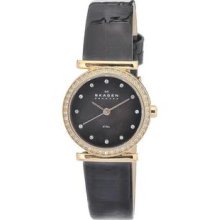 Women's Stainless Steel Quartz Black Dial Crystals Leather