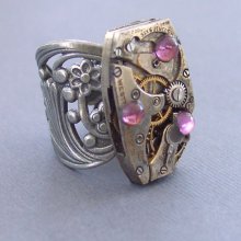 Womens Steampunk Silver Adjustable Ring Vintage Mechanical Watch Piece with Czech Amethyst Glass Cabochons