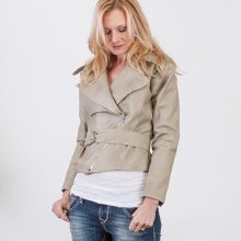 Woments Beige Faux Leather Fitter Motocycle Belted Jacket