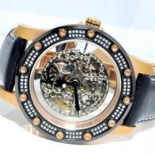 1.2ct Real Diamond Mens Watch Rose Gold Finish Automatic Skeleton