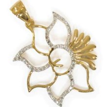 14 Karat Gold White Natural Diamond Retuor Ladies Flower Rose Pendant 30 Mm Long