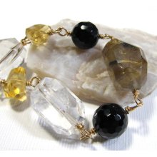 14k Gold Filled Gemstone Linked Bracelet with Gold Rutile Starburst Quartz, Rock Crystal Quartz, Golden Yellow Citrine, and Black Onyx