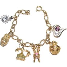 1970s Charm Bracelet Upcycled Avon Owl Boudoir Chair Washbasin Phone Hearts