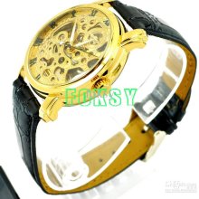 1pcs New Arrival Luxury Golden Automatic Watch Leather Band Mechanic