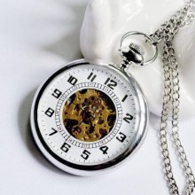 1pcs White Steel Tone Quartz Pocket Watch 4.2x3cm