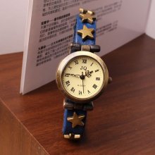 1x Roman Five-pointed Star Rivets Bracelet Buckle Leather Quartz Wrist Watch Hys