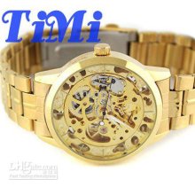 2012 Elegant Full Golden Automatic See Through Watch Gold Steel Band