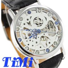 2012 Goer Silver See Through Dial Crystal Mens Mechanical Watch Leat