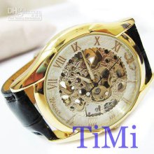 2012 New Gold Tone Skeleton Mechanical Men's /ladies Watch Noble Wat