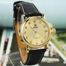 2012's Luxury Date Womens Automatic Wristwatch Golden Dial Crystal Nail Pu Band