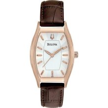 $250 Bulova Tonneau Ladies Analog Gold-tone Steel Watch Brown Leather Band