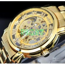 2pcs Fashion Gold Elegant Unisex Skeleton Mechanical Ladies Mens Wat