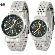 2pcs Lovers Eyki Quartz Mens Lady Black White Dial Elegant Stainless