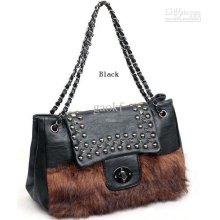 2pcs Women's Winter Horse Hair Leather Handbag Studded Chain Bag Hob