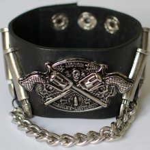 345 Handmade black leather bracelet Cuff bracelet War and peace Gun Bullets and metal chain Man jewelry Birthday gift