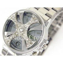 3d Spinning Bling Crystal Silver Spinner Mens Watch