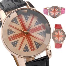 41mm Fashion Womens Uk Flag Pattern Crystal Beaded Dial Quartz Analog Watch,pu