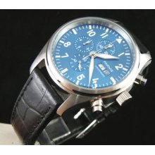 42mm Parnis Blue Dial Daydate Watch Full Chronograph Quartz Leather Strap 044