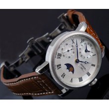 42mm Parnis Embossment White Dial Gmt Hand Winding Mens Watch Roman Number 120a