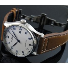 43mm Parnis White Dial Mens Automatic Blue Number Watch Brown Strap Pn 052