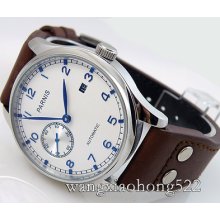 43mm Parnis White Dial Automatic Movement Brown Strap Watch Calendar Window 030